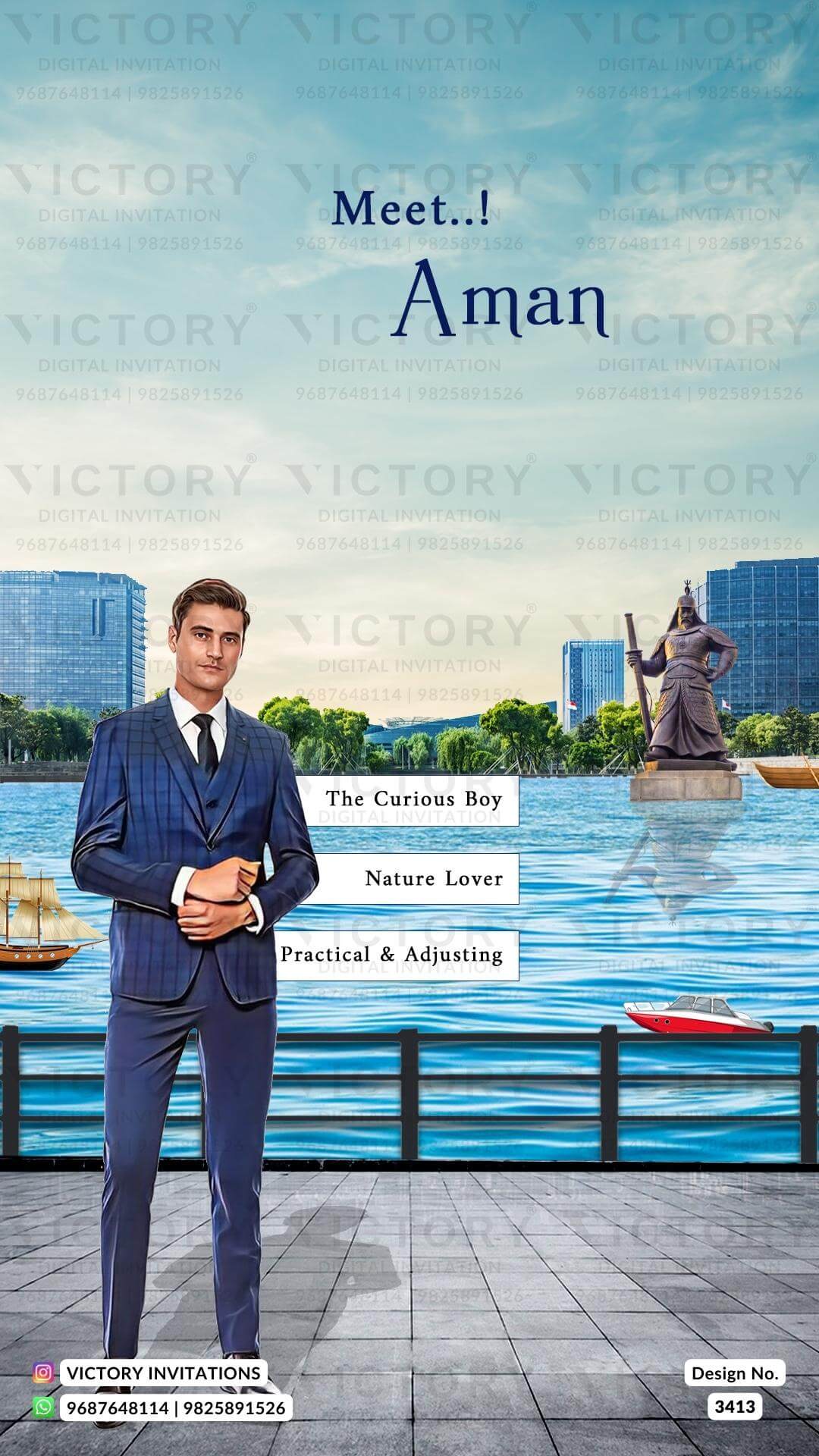 romantic couple caricature invitation card for Save the Date in English language with calendar as love story theme design 3413