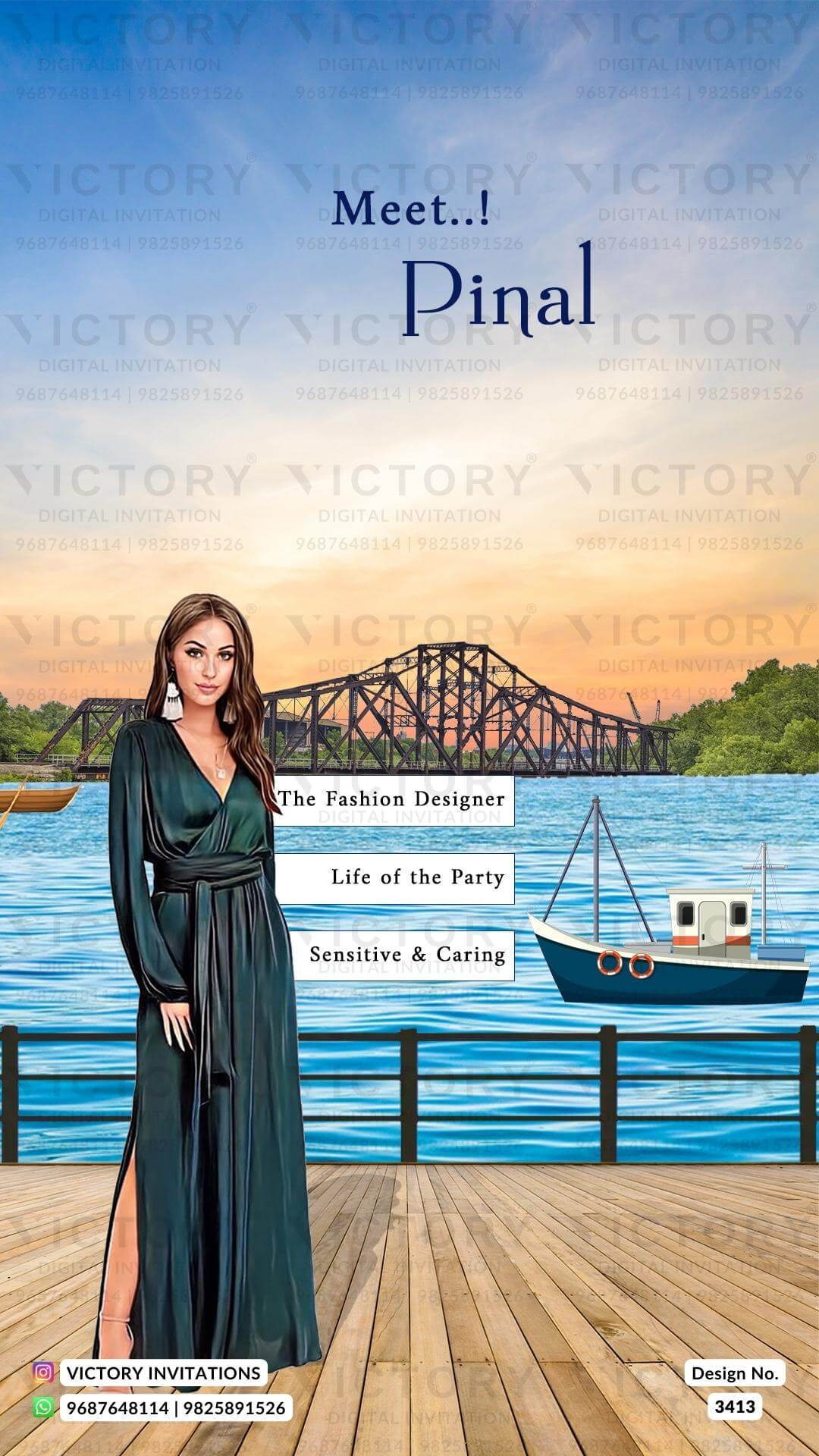 romantic couple caricature invitation card for Save the Date in English language with calendar as love story theme design 3413