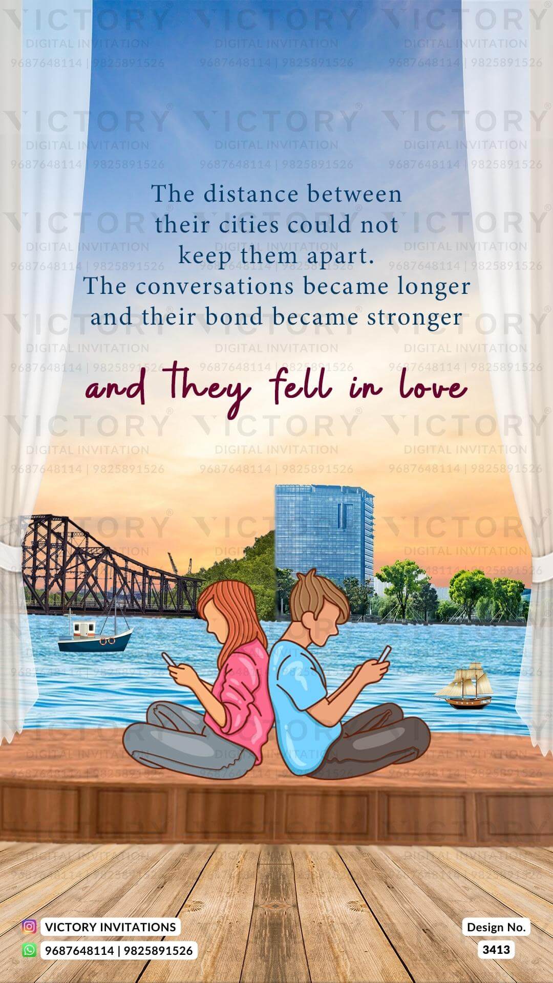 romantic couple caricature invitation card for Save the Date in English language with calendar as love story theme design 3413