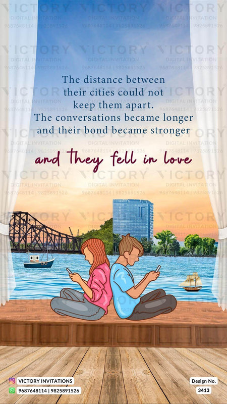 romantic couple caricature invitation card for Save the Date in English language with calendar as love story theme design 3413