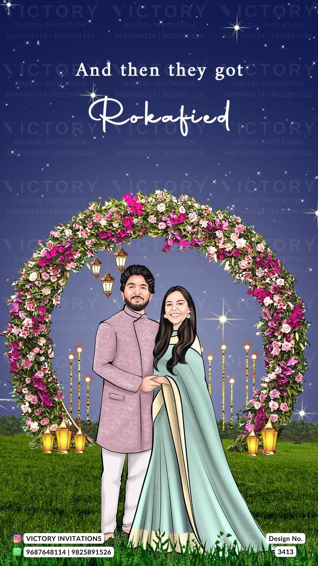 romantic couple caricature invitation card for Save the Date in English language with calendar as love story theme design 3413