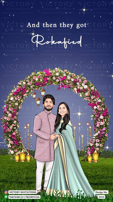 romantic couple caricature invitation card for Save the Date in English language with calendar as love story theme design 3413