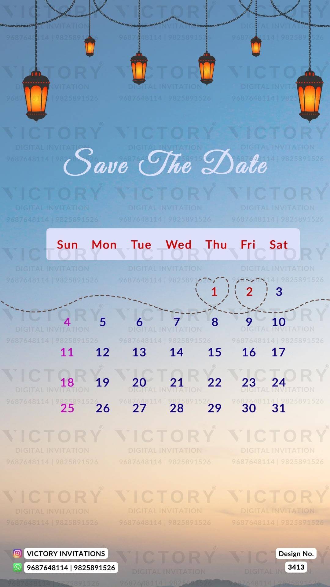 romantic couple caricature invitation card for Save the Date in English language with calendar as love story theme design 3413