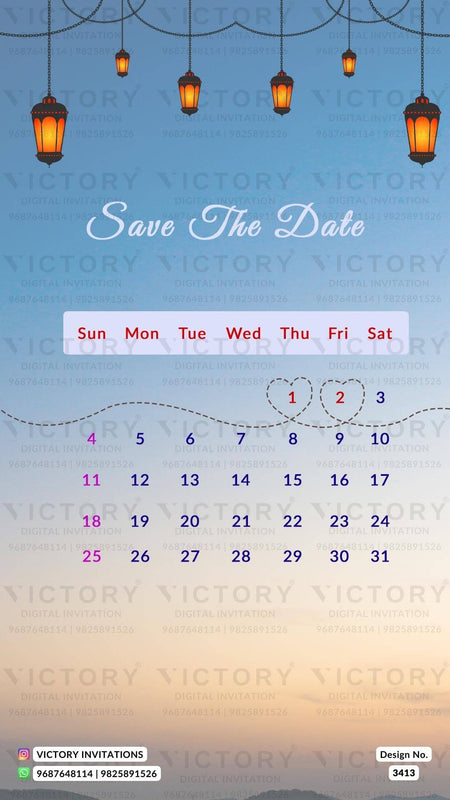 romantic couple caricature invitation card for Save the Date in English language with calendar as love story theme design 3413