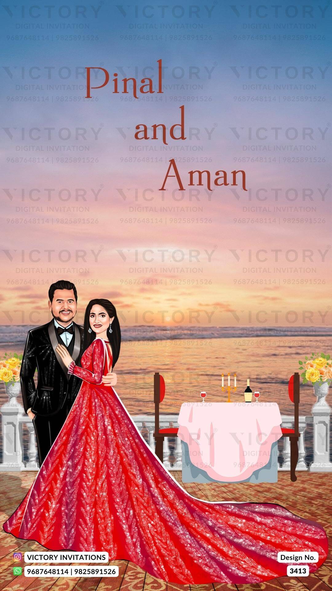 romantic couple caricature invitation card for Save the Date in English language with calendar as love story theme design 3413