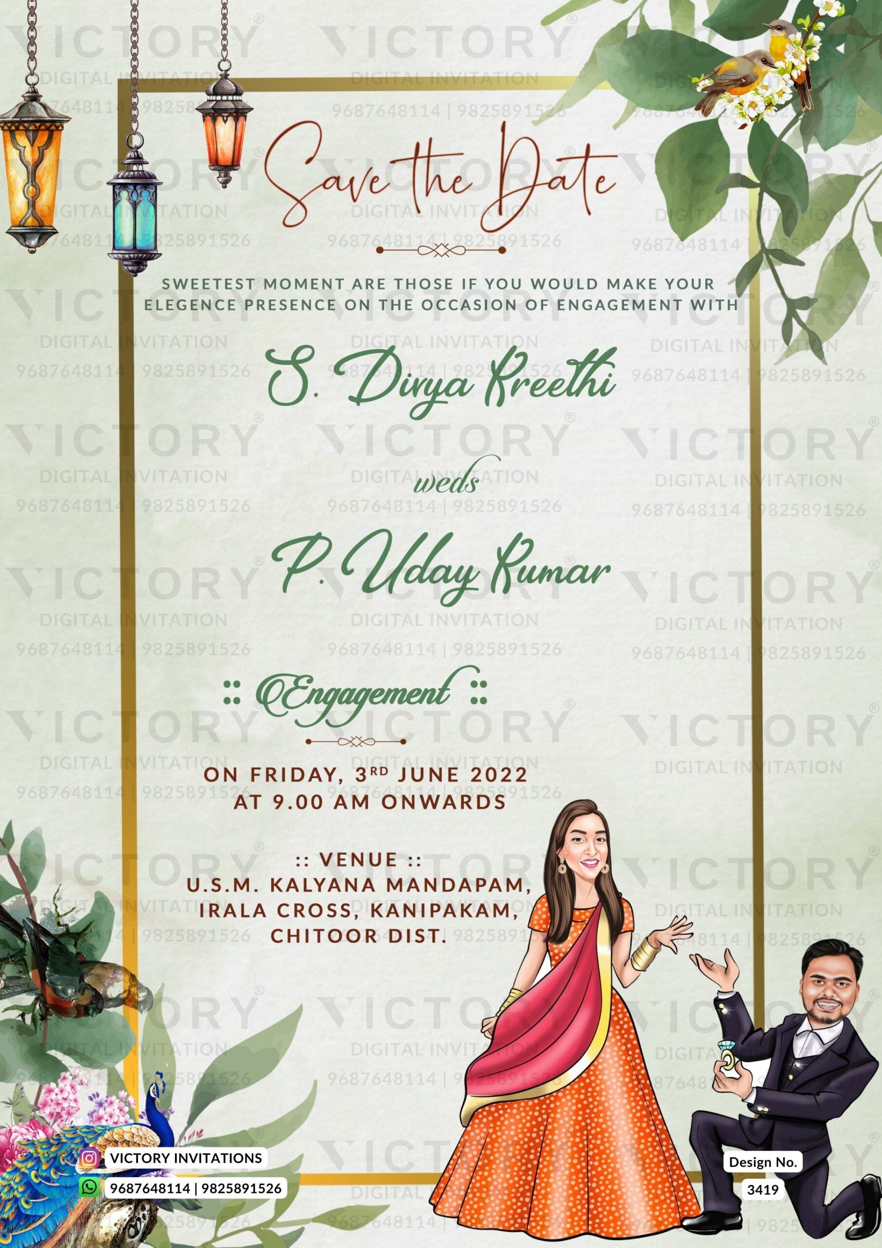proposing couple caricature invitation card for Engagement ceremony in english language with peacock, leaves as floral theme design 3419