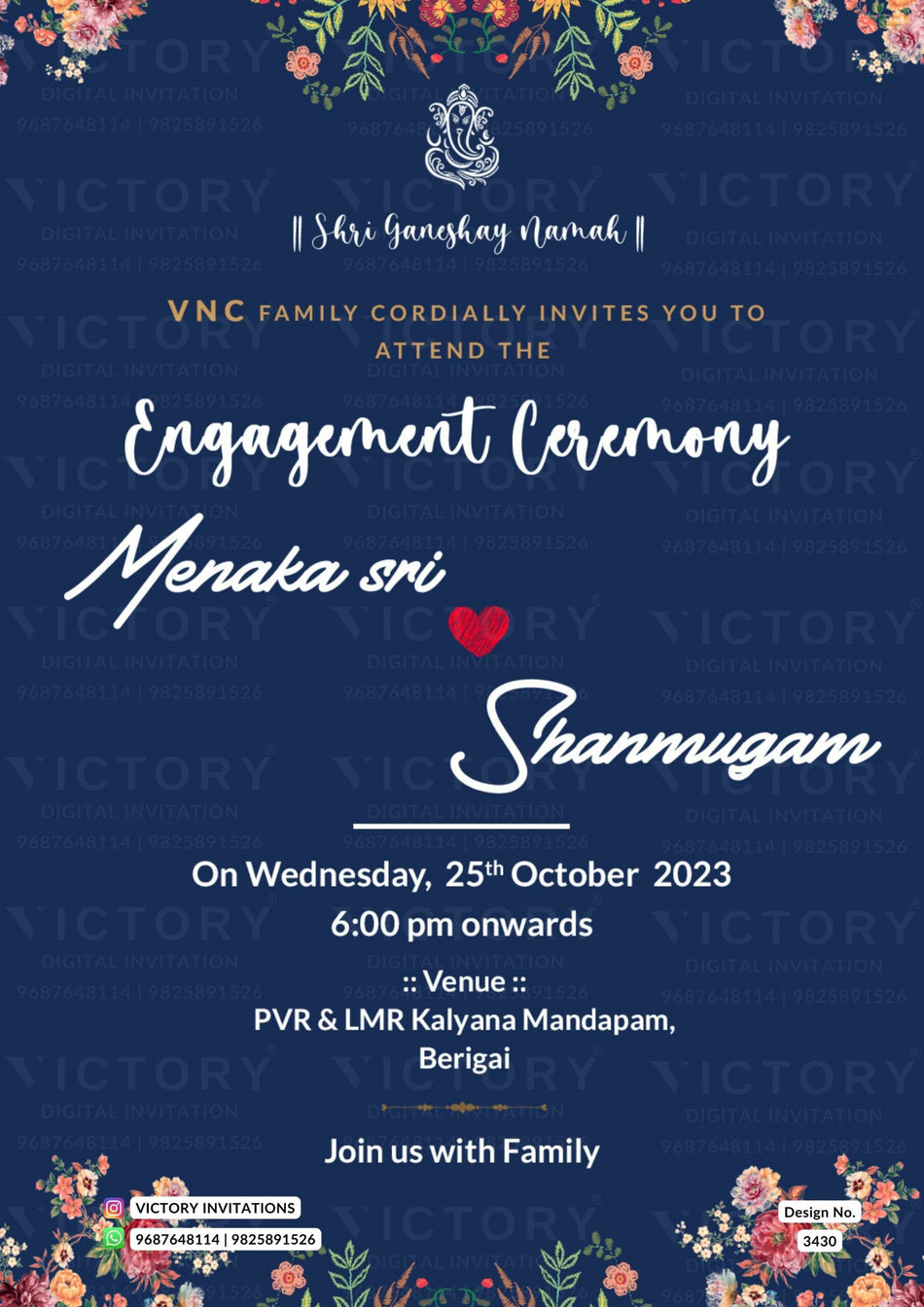 Engagement ceremony invitation card in english language with leaves, heart as floral theme design 3430