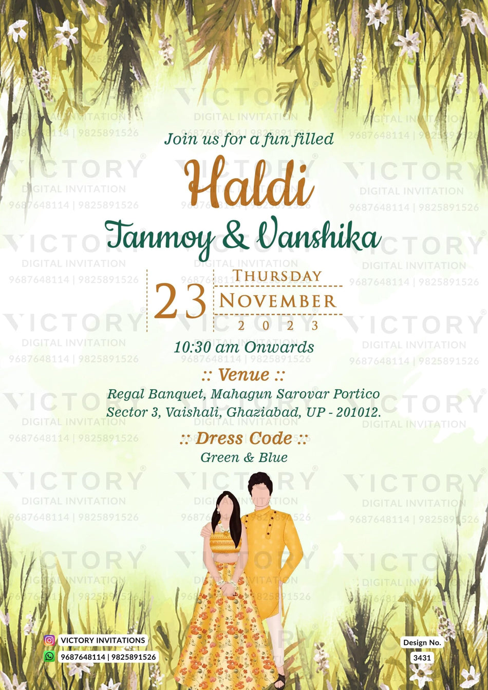 Haldi ceremony invitation card in english language with couple doodle, leaves as floral theme design 3431