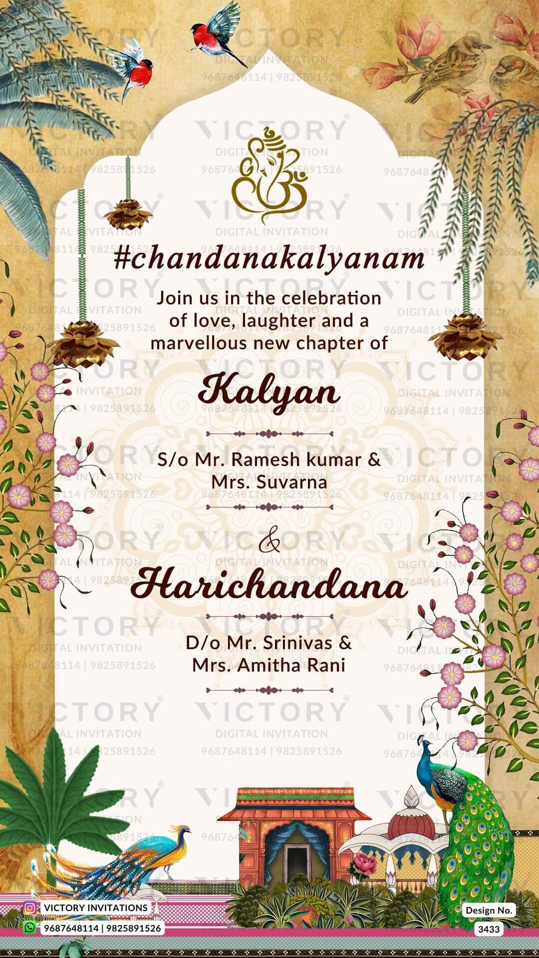 Stylish couple caricature invitation card for wedding ceremony of hindu south indian telugu family in english language with Traditional theme design 3433