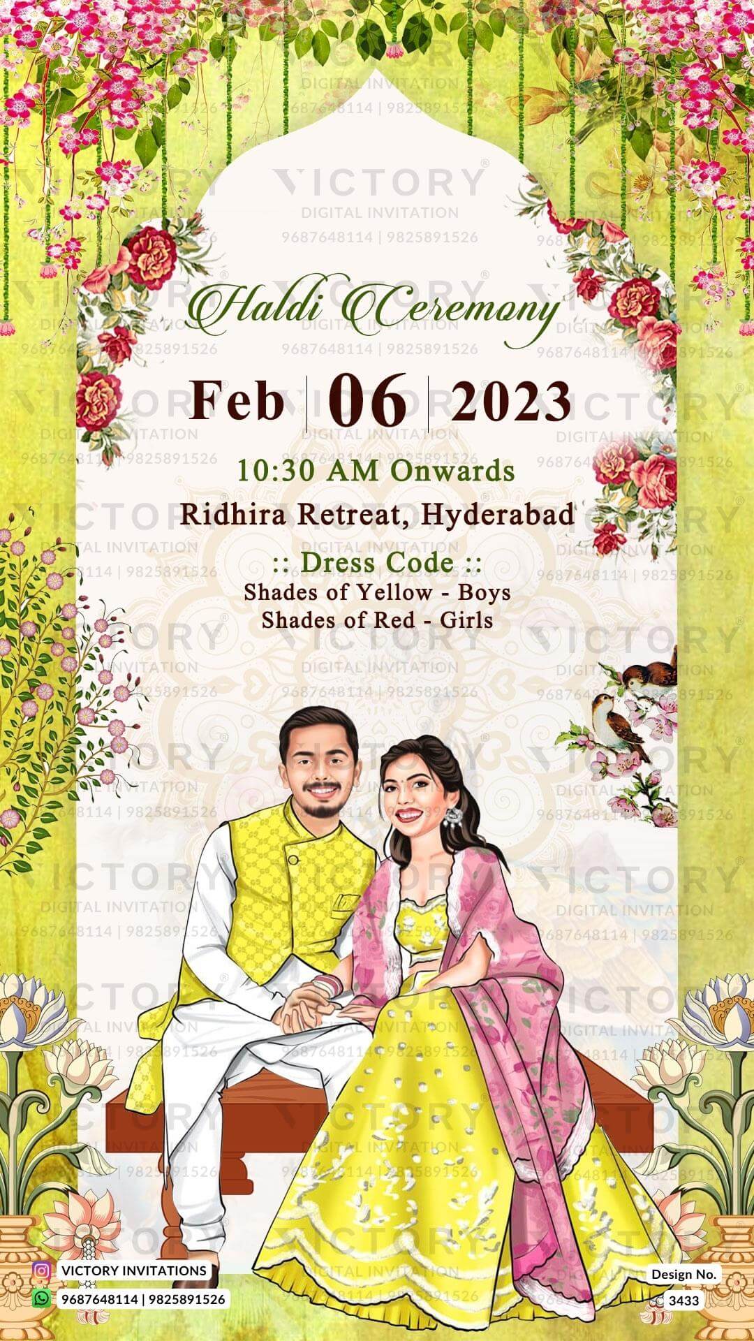 Stylish couple caricature invitation card for wedding ceremony of hindu south indian telugu family in english language with Traditional theme design 3433