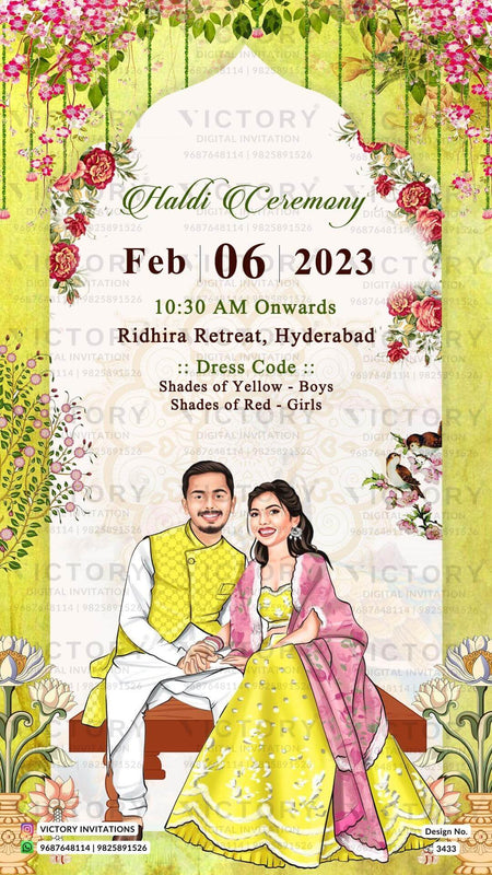 Stylish couple caricature invitation card for wedding ceremony of hindu south indian telugu family in english language with Traditional theme design 3433