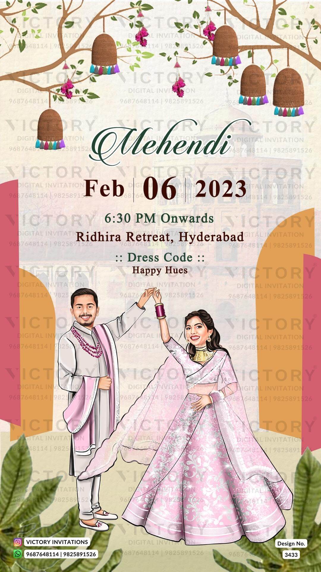Stylish couple caricature invitation card for wedding ceremony of hindu south indian telugu family in english language with Traditional theme design 3433