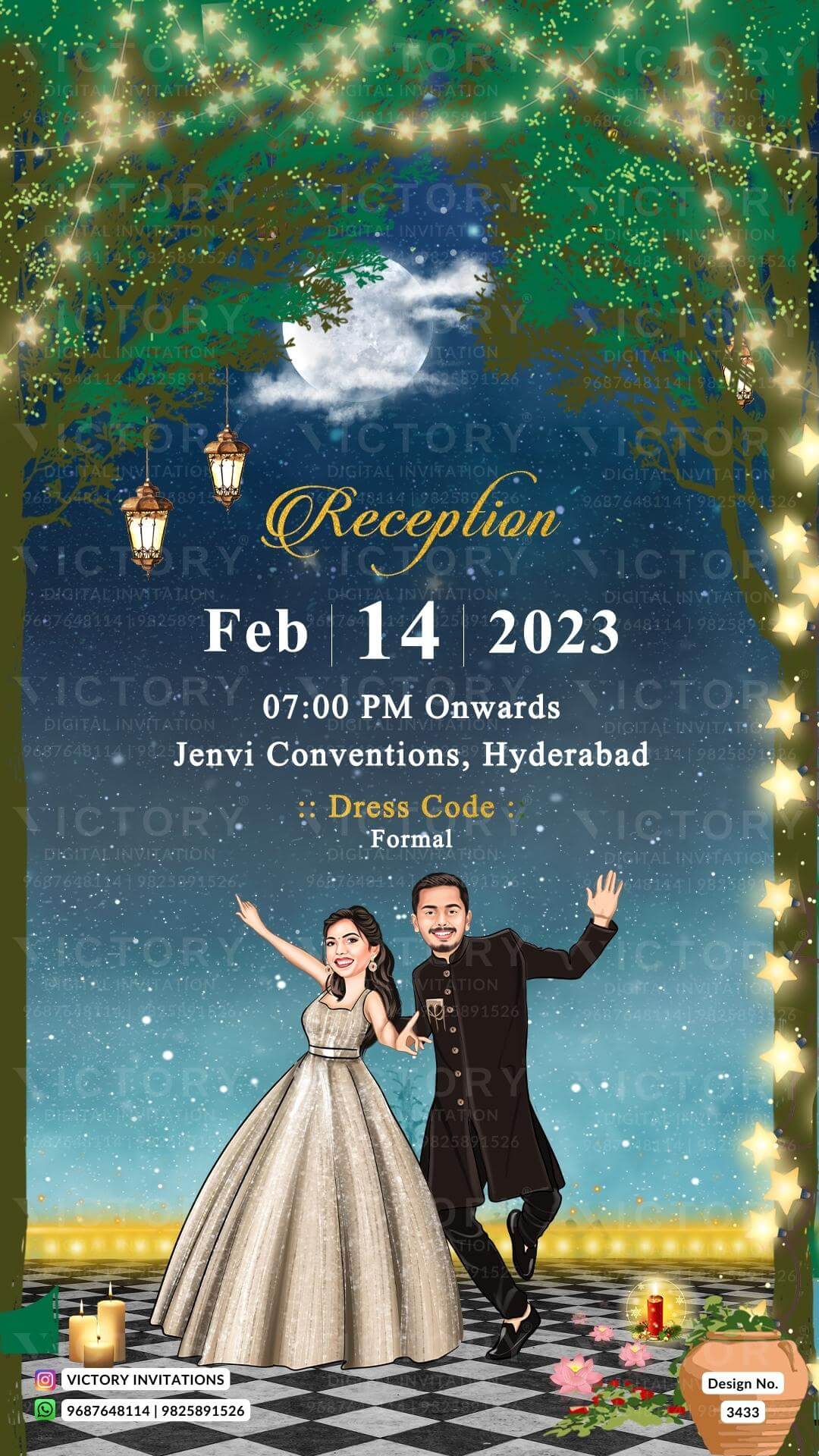 Stylish couple caricature invitation card for wedding ceremony of hindu south indian telugu family in english language with Traditional theme design 3433