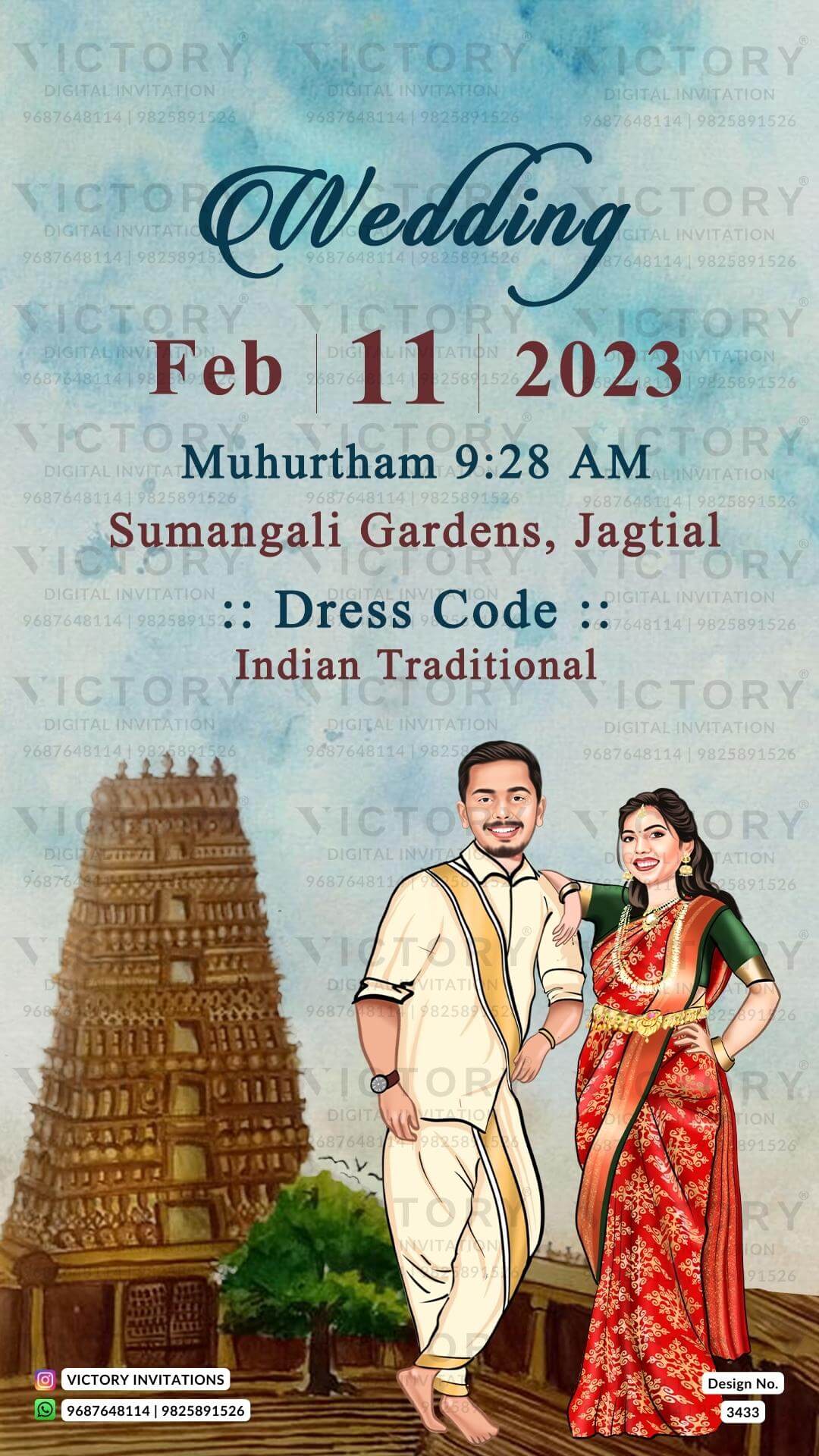 Stylish couple caricature invitation card for wedding ceremony of hindu south indian telugu family in english language with Traditional theme design 3433