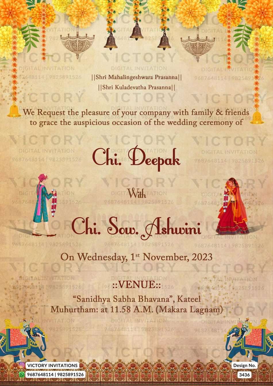 Wedding ceremony invitation card of hindu south indian kannada family in English language with garden theme design 3436