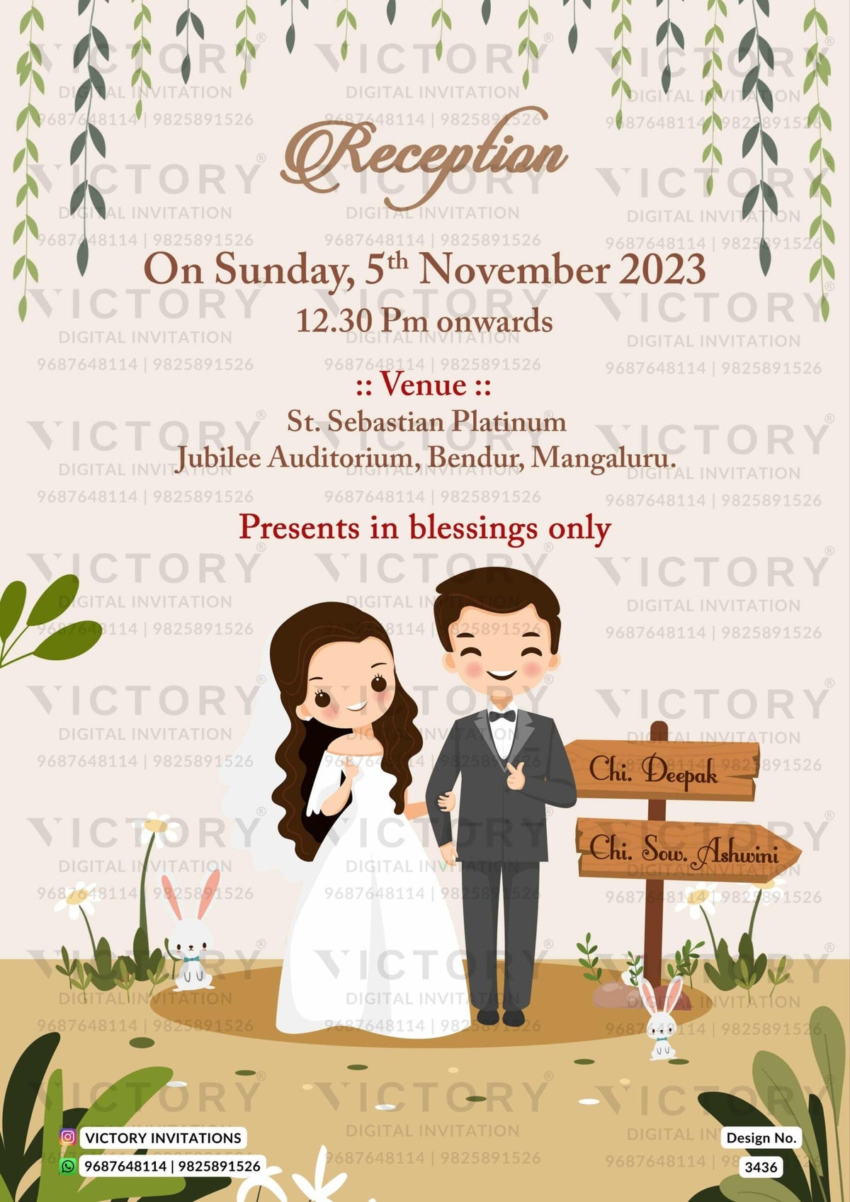 Wedding ceremony invitation card of hindu south indian kannada family in English language with garden theme design 3436