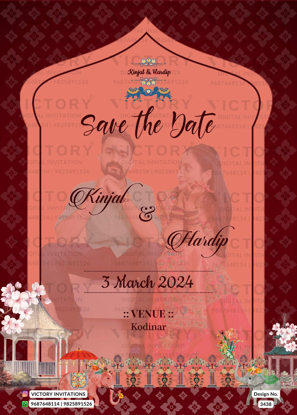 Save the Date card in english language with couple photo as arch theme design 3438