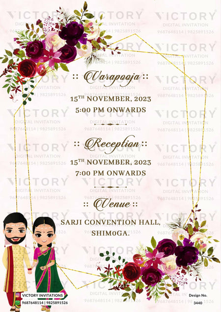 Wedding ceremony invitation card of hindu south indian kannada family in English language with Floral theme design 3440