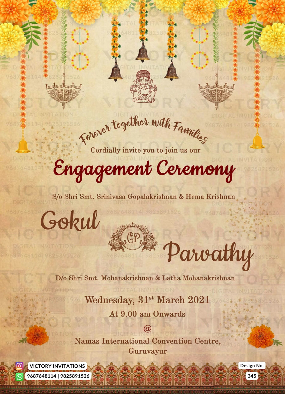 Engagement ceremony invitation card in english language with umbrella, bells as marigold flowers theme design 345