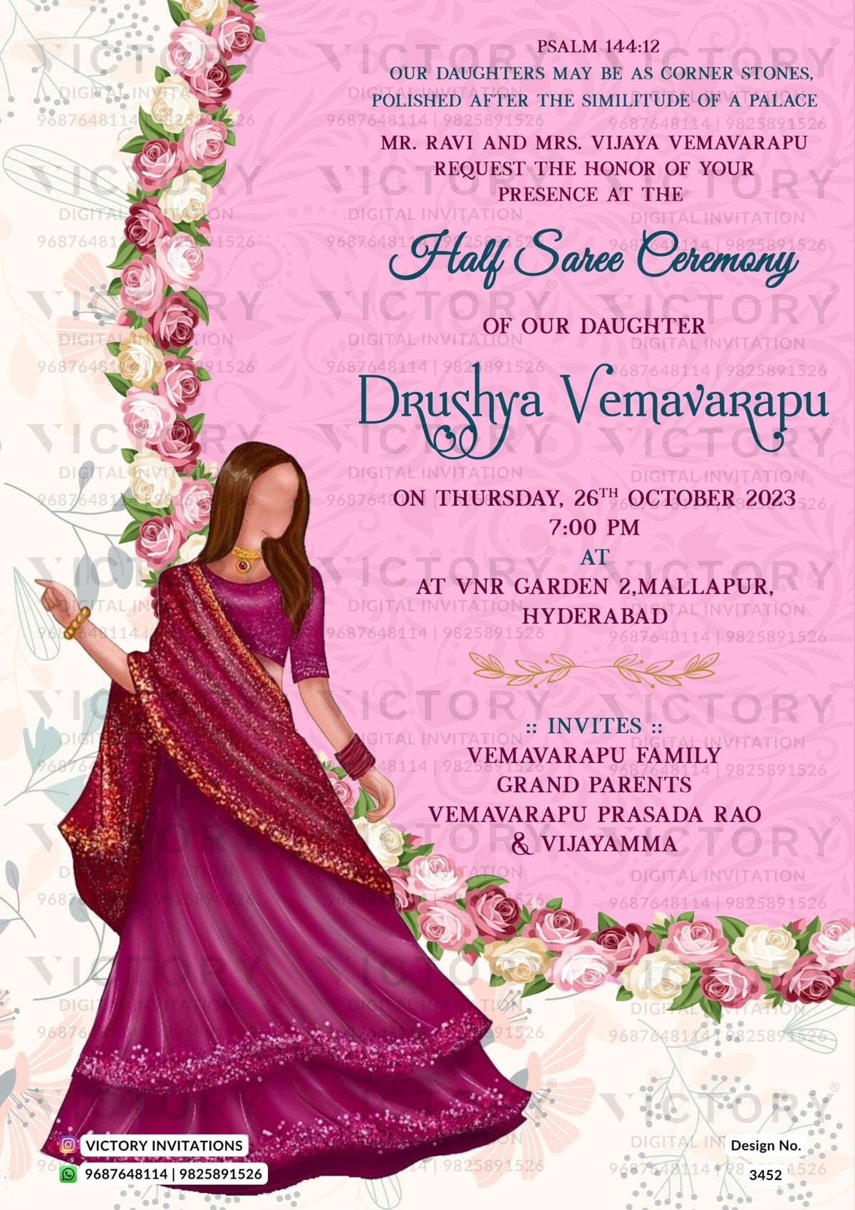 Half Saree ceremony invitation card in english language with floral theme design 3452