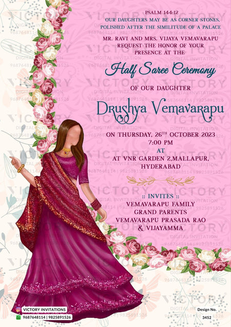 Half Saree ceremony invitation card in english language with floral theme design 3452