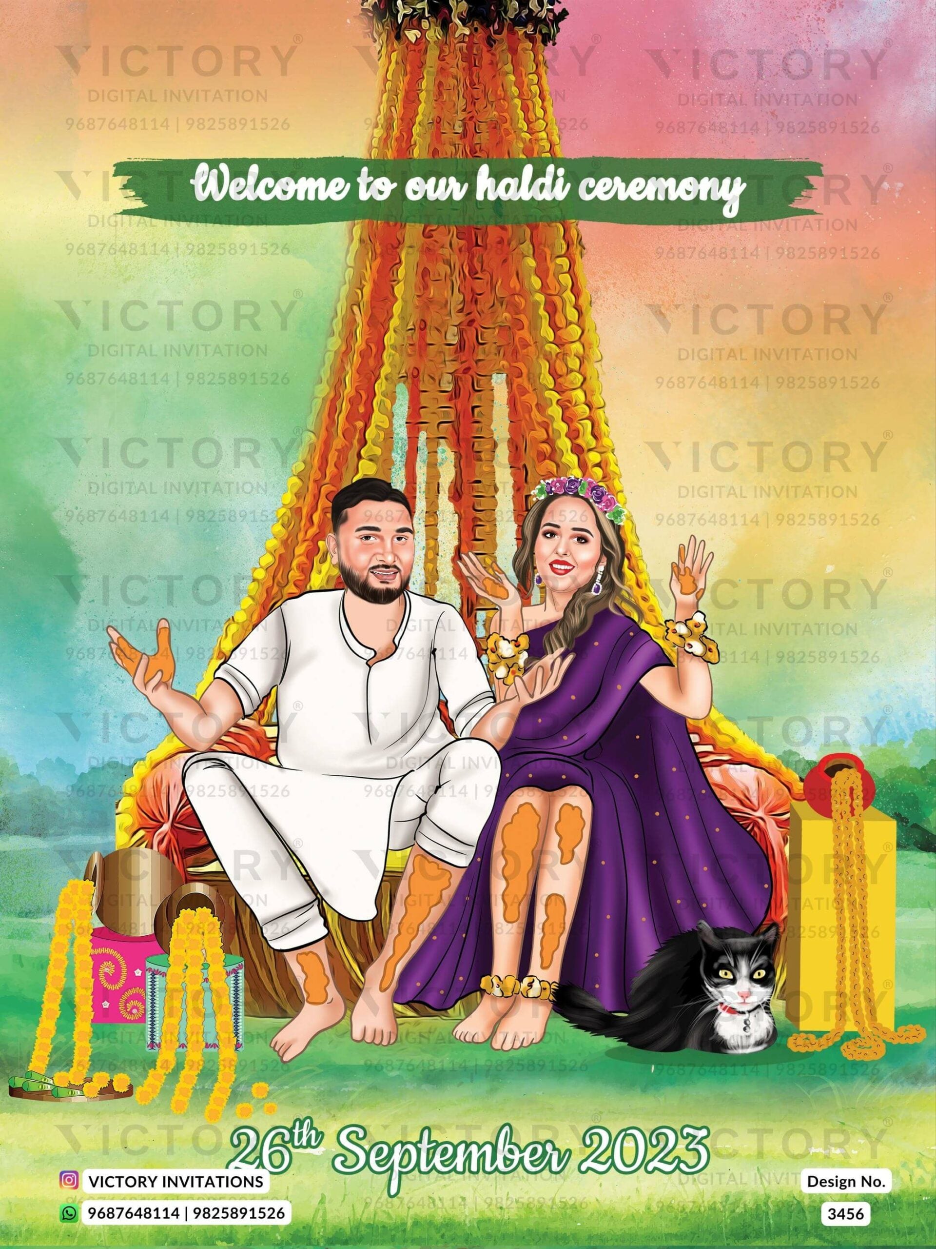 Stylish couple caricature invitation card for wedding ceremony of hindu saudi arabia family in english language with Traditional and saudi arabian theme design 3456