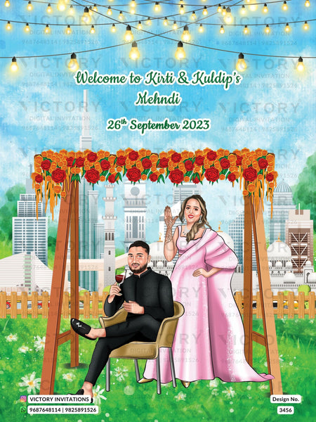 Stylish couple caricature invitation card for wedding ceremony of hindu saudi arabia family in english language with Traditional and saudi arabian theme design 3456