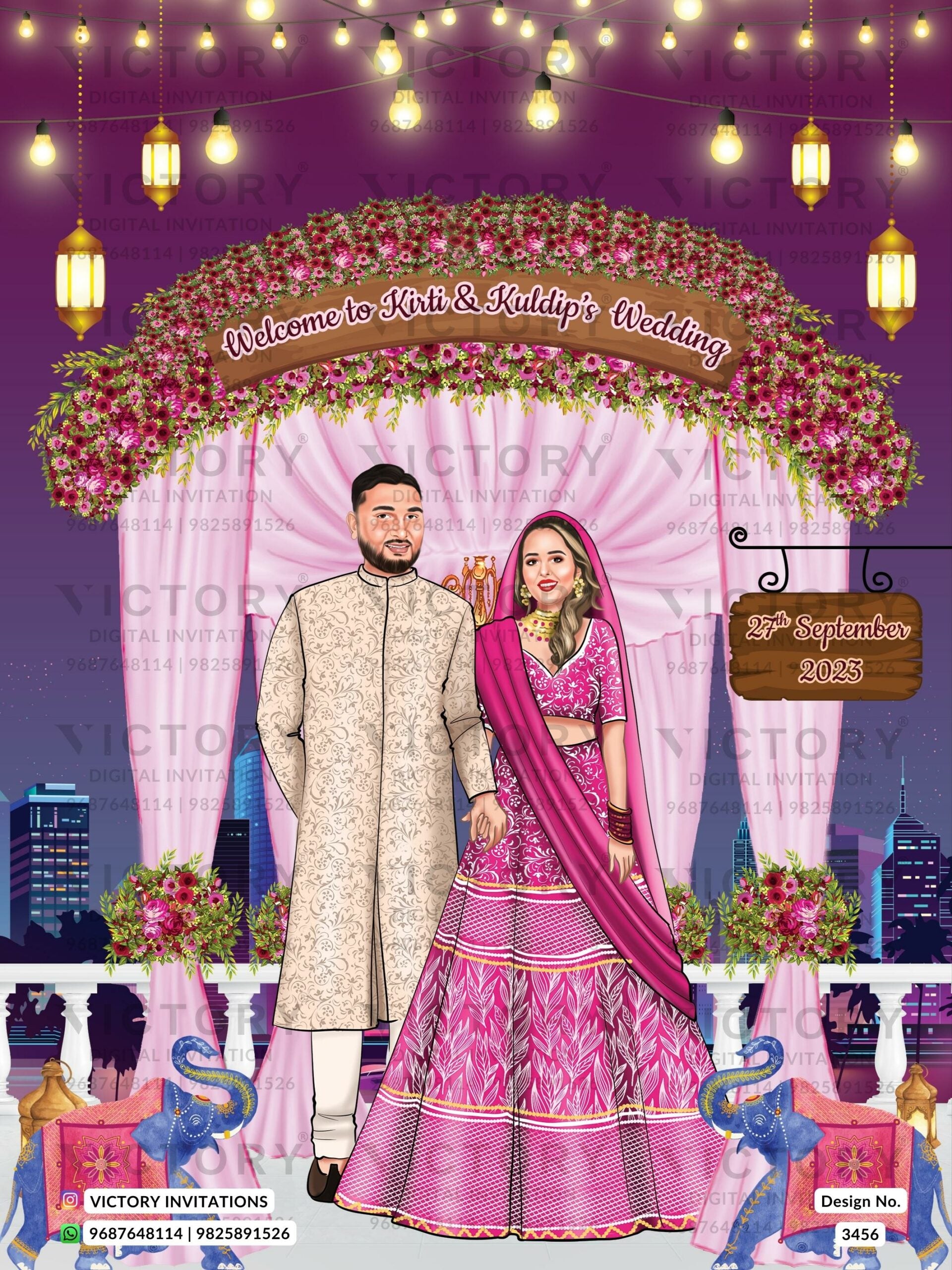 Stylish couple caricature invitation card for wedding ceremony of hindu saudi arabia family in english language with Traditional and saudi arabian theme design 3456