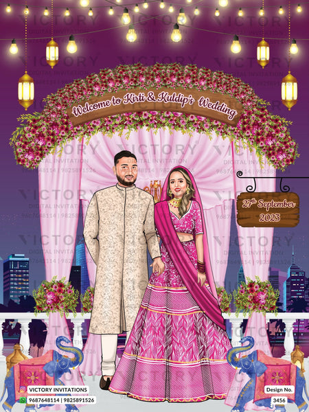 Stylish couple caricature invitation card for wedding ceremony of hindu saudi arabia family in english language with Traditional and saudi arabian theme design 3456