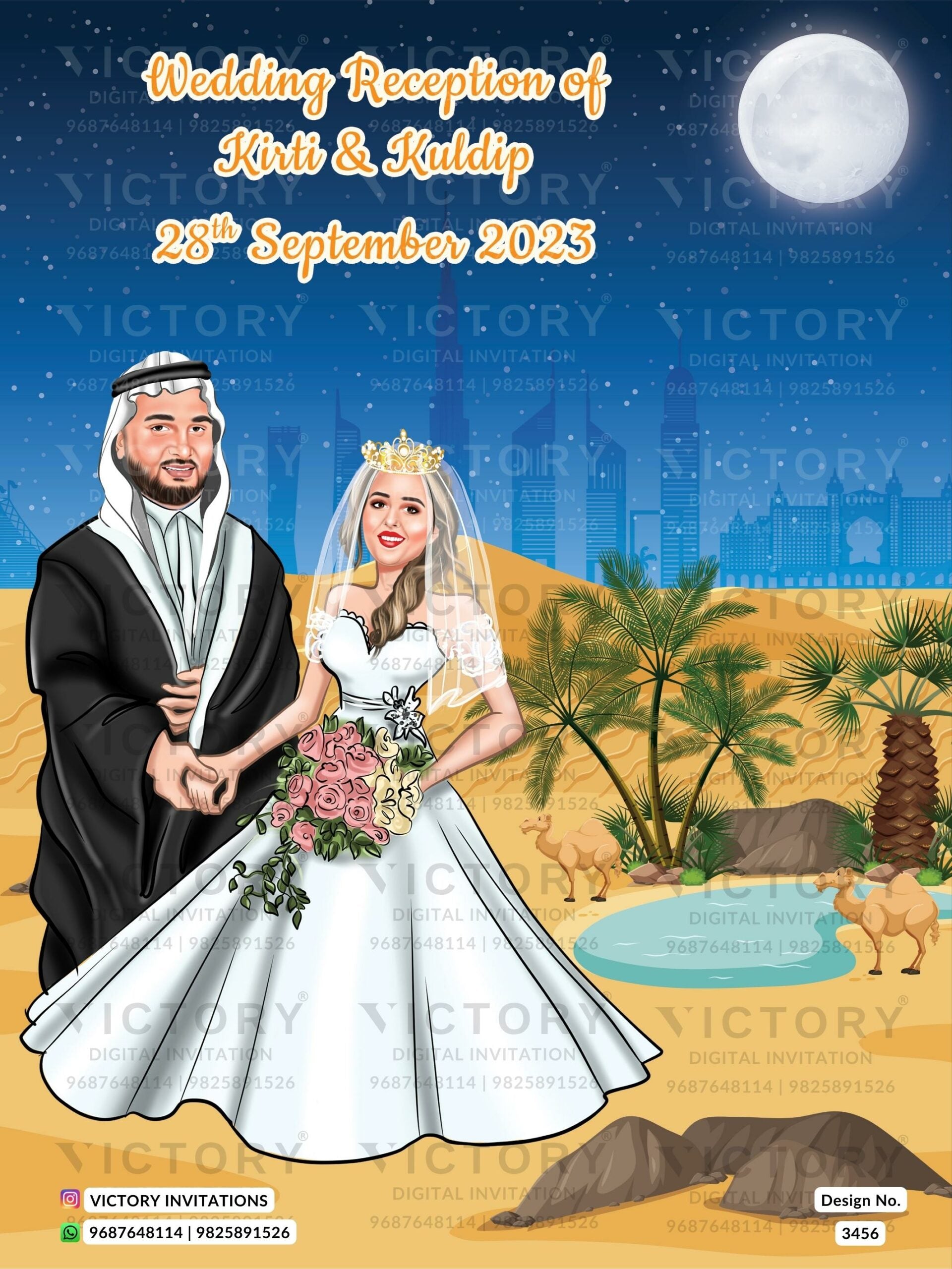 Stylish couple caricature invitation card for wedding ceremony of hindu saudi arabia family in english language with Traditional and saudi arabian theme design 3456
