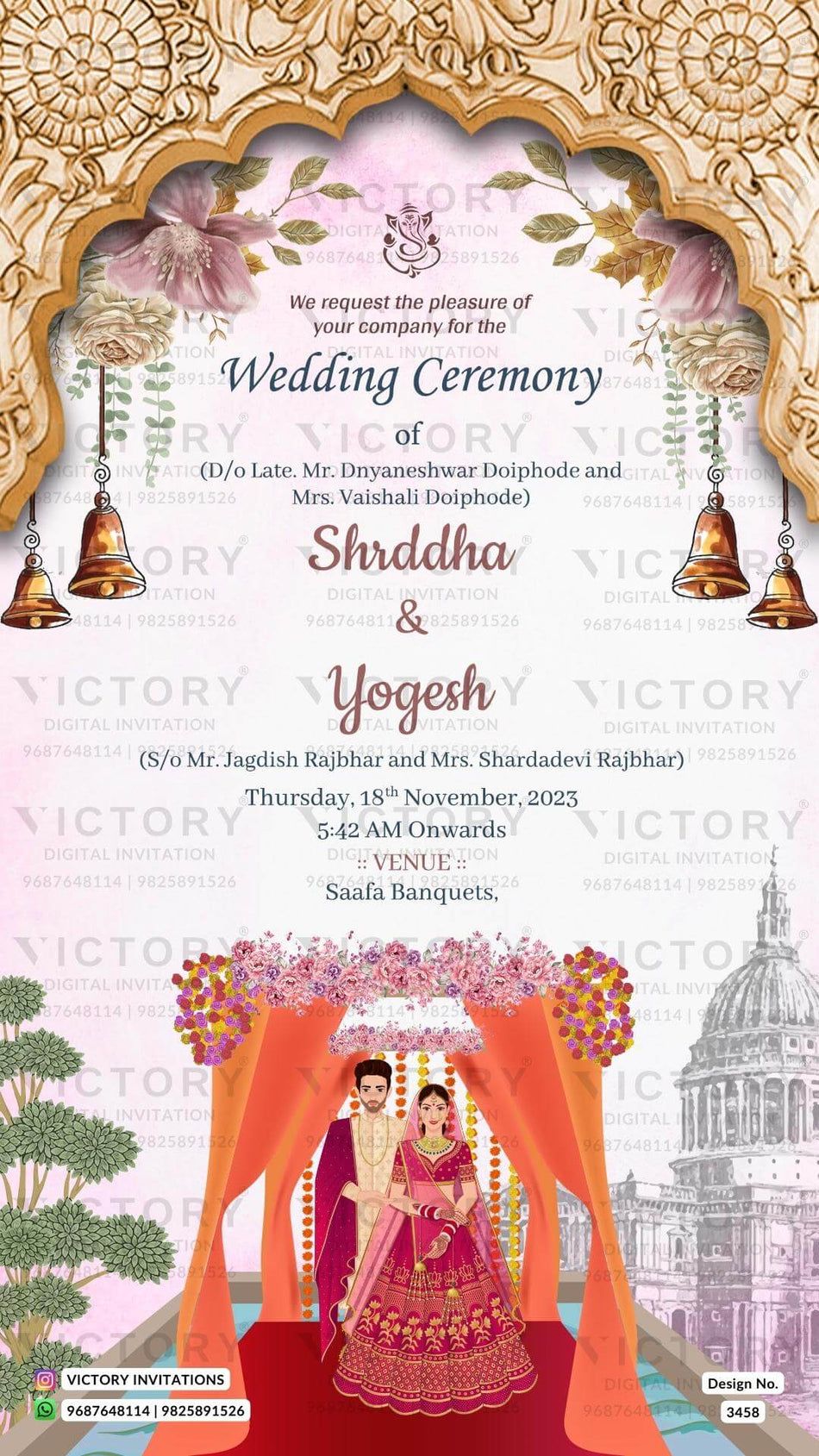 Haldi ceremony invitation card in english language with couple doodle, flowers as floral theme design 3538