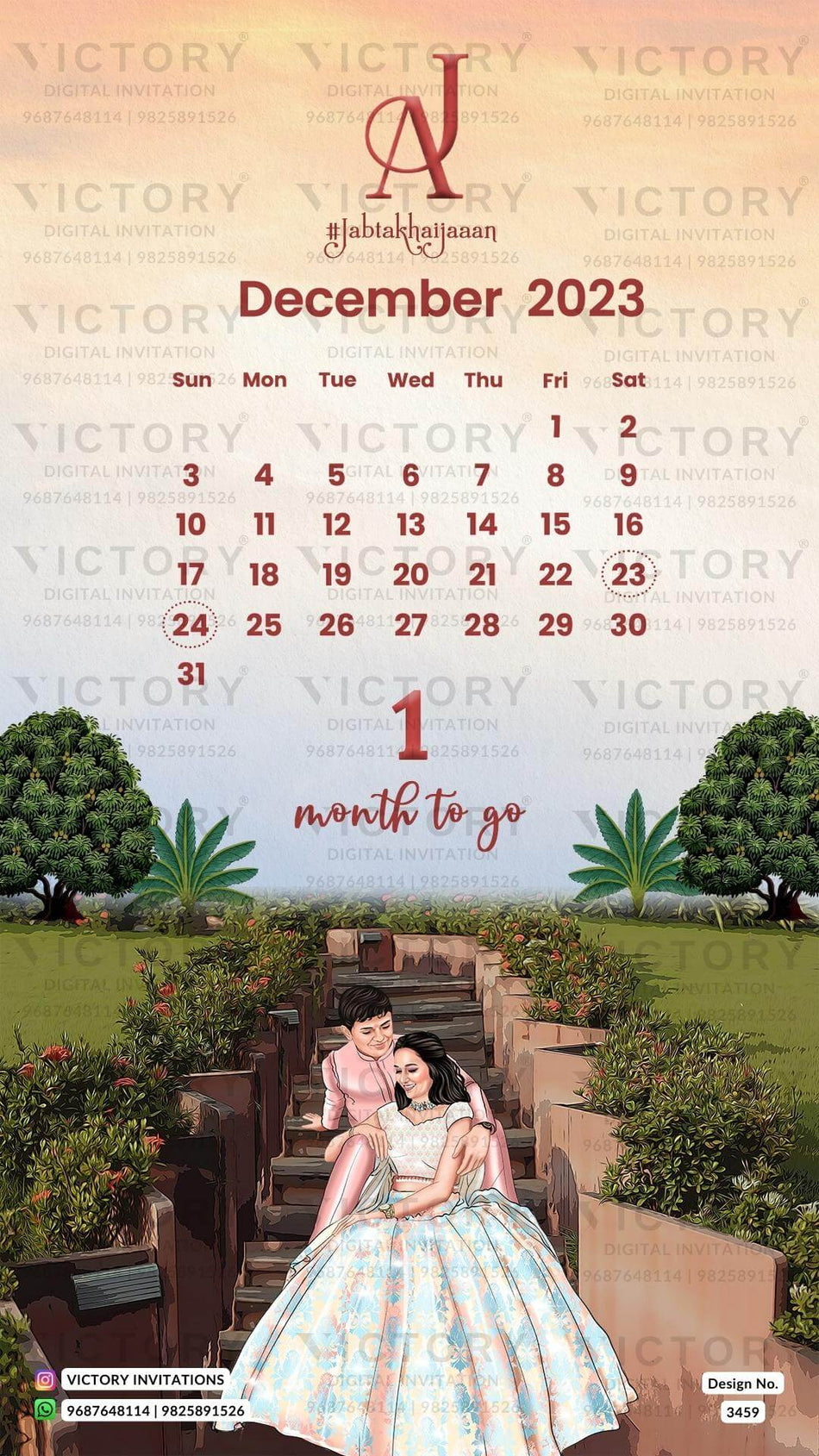 sitting stylish couple caricature invitation card for Save the Date in English language with calendar as garden theme design 3459