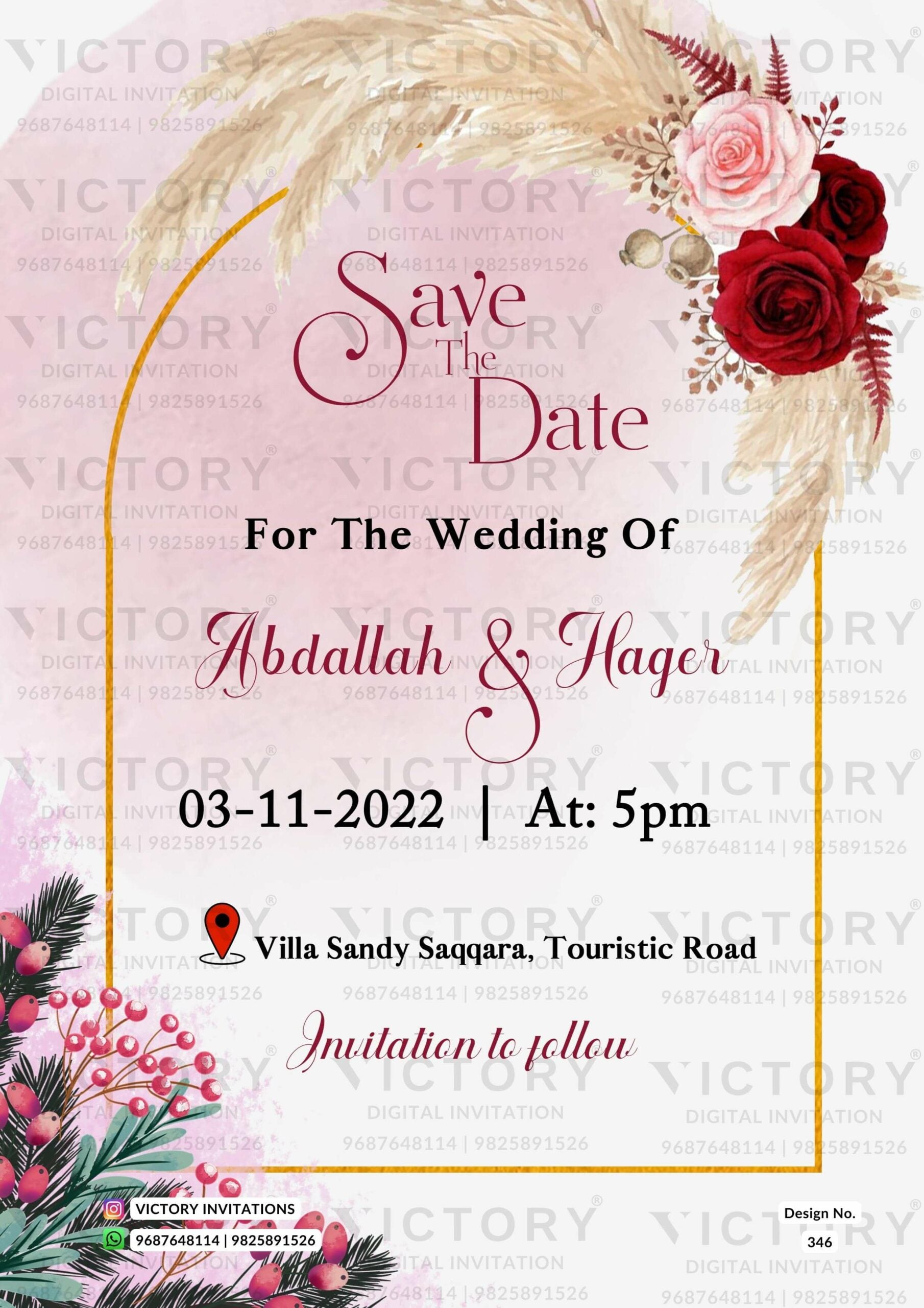 Save the Date card in english language with floral theme design 346