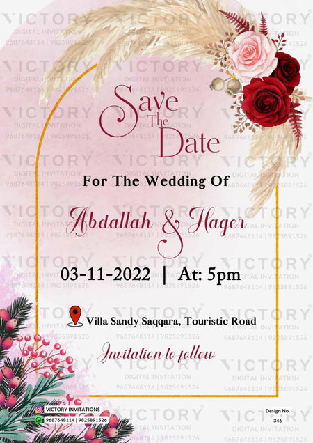 Save the Date card in english language with floral theme design 346