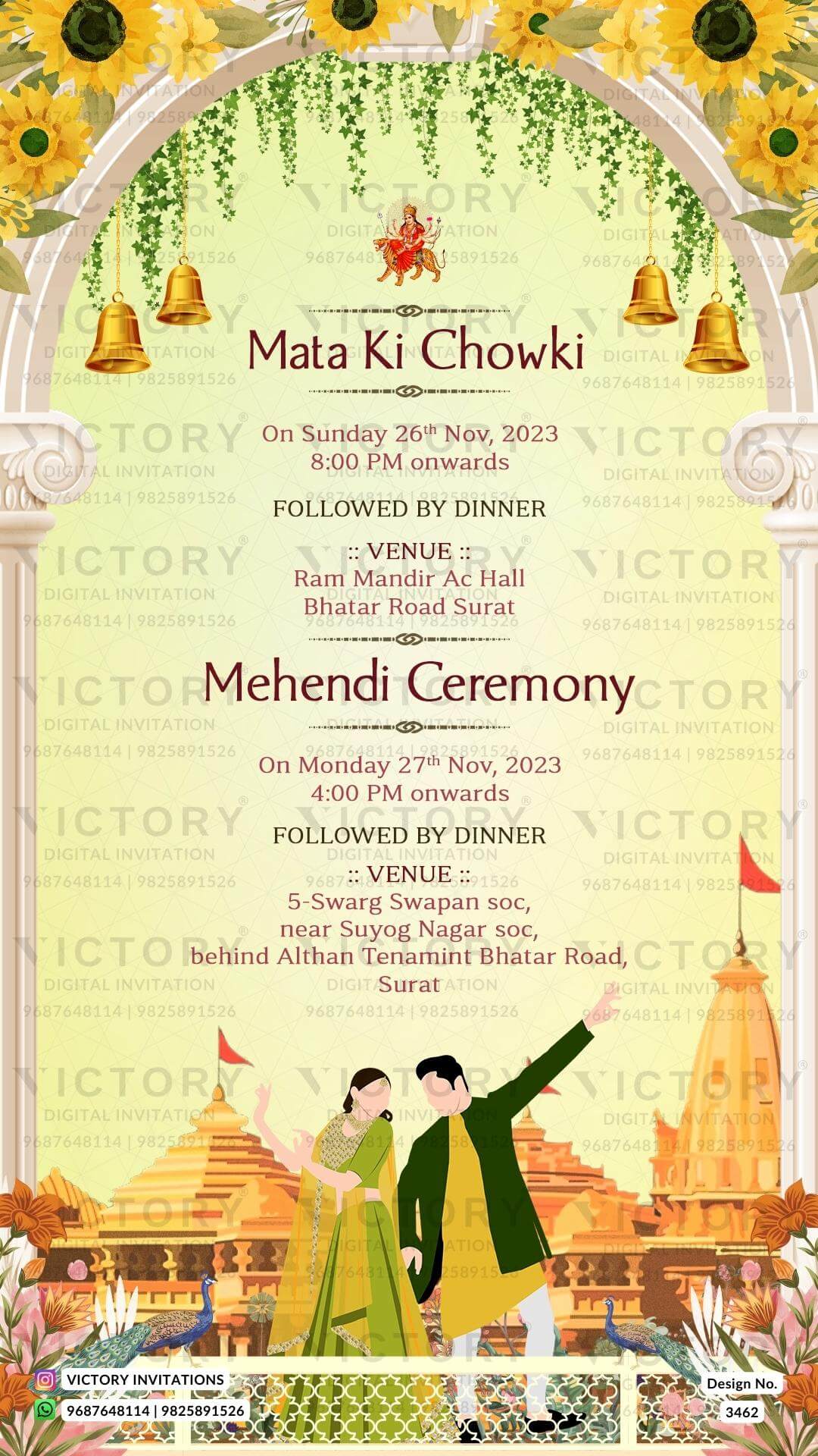 Glittery couple caricature invitation card for wedding ceremony of hindu gujarati jain family in english language with Arch and Temple theme design 3462