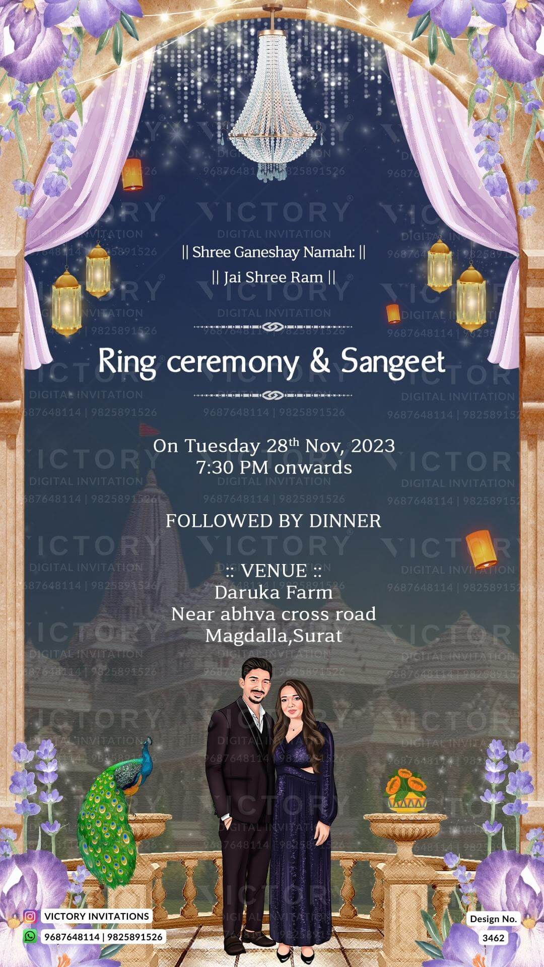 Glittery couple caricature invitation card for wedding ceremony of hindu gujarati jain family in english language with Arch and Temple theme design 3462