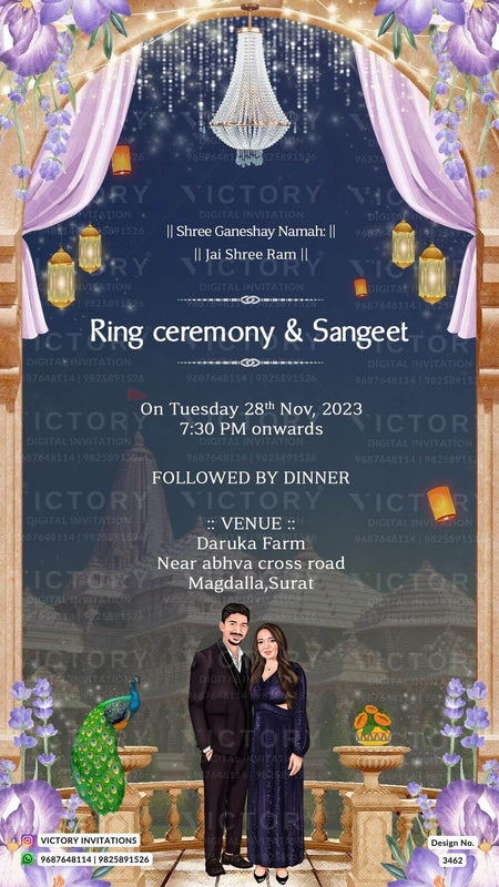 Glittery couple caricature invitation card for wedding ceremony of hindu gujarati jain family in english language with Arch and Temple theme design 3462
