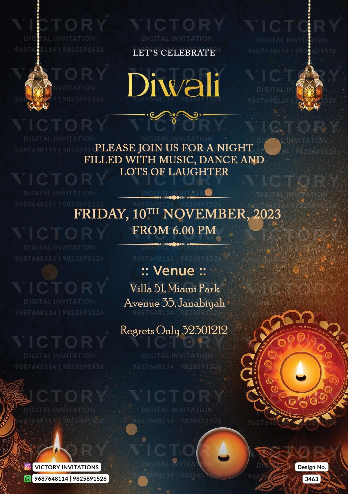 Diwali Festival invitation card in english language with diya as glittery theme design 3463