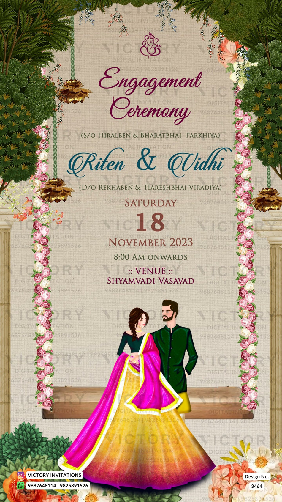 Engagement ceremony invitation card in english language with tree, couple doodle, swing, flowers as traditional theme design 3464