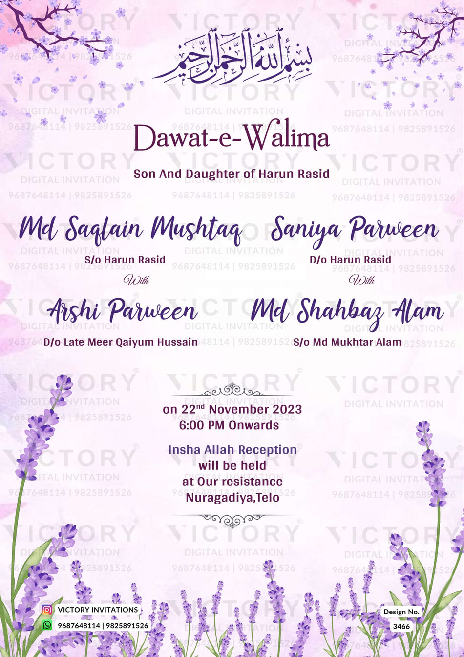 Muslim Walima Ceremony invitation card in english language with leaves as floral theme design 3466