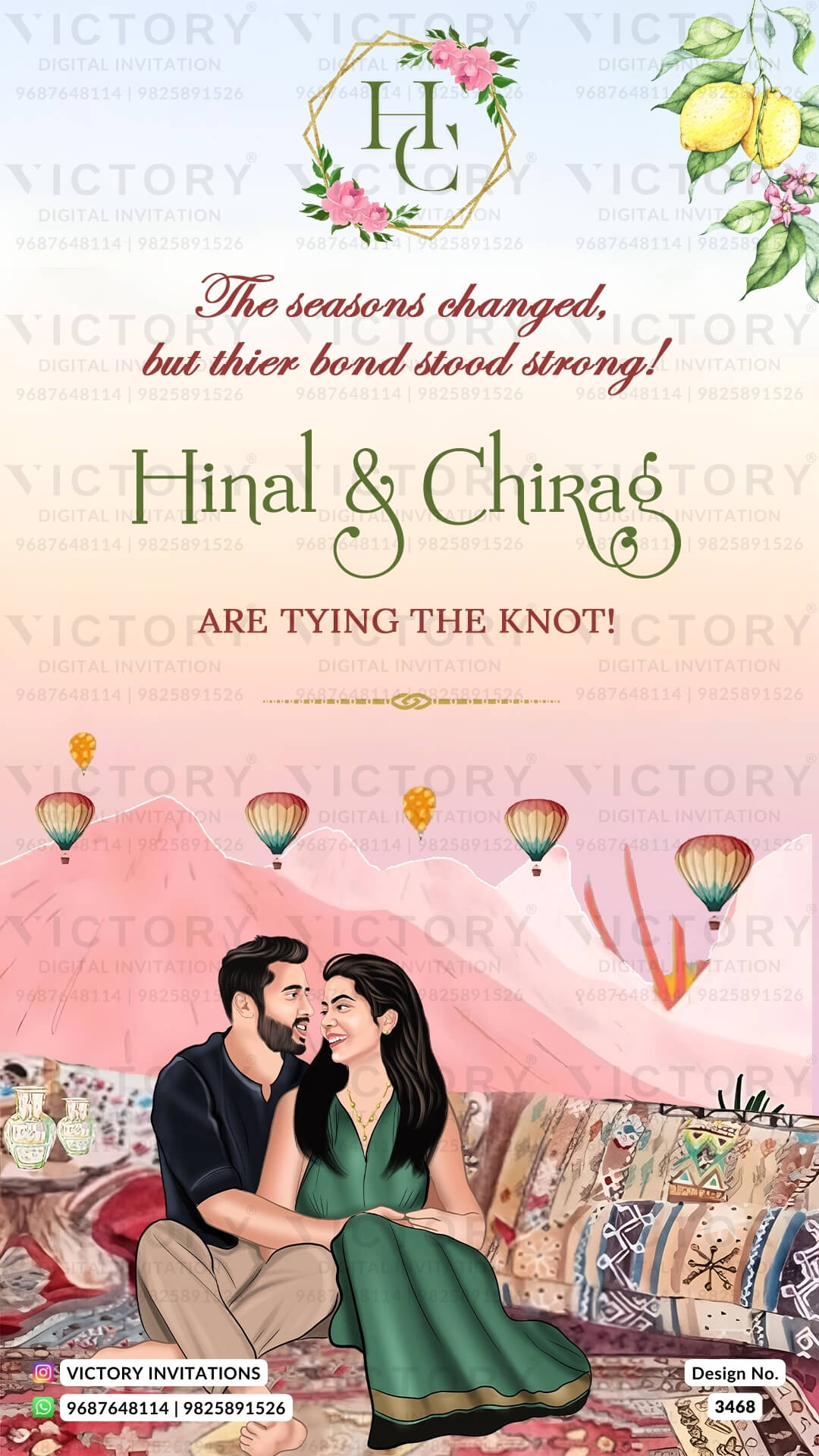 romantic couple caricature invitation card for Save the Date in English language with calendar as mountain theme design 3468