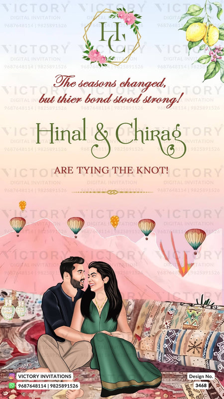 romantic couple caricature invitation card for Save the Date in English language with calendar as mountain theme design 3468