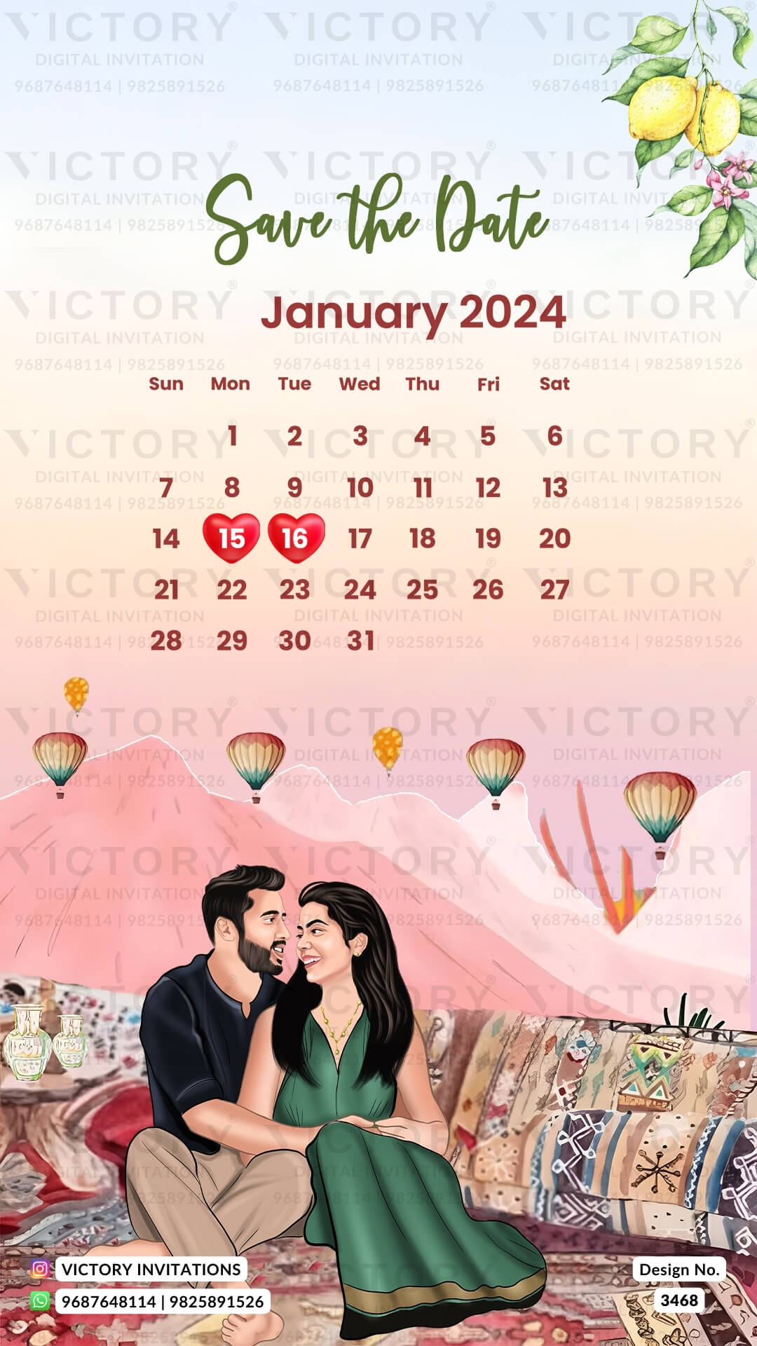 romantic couple caricature invitation card for Save the Date in English language with calendar as mountain theme design 3468