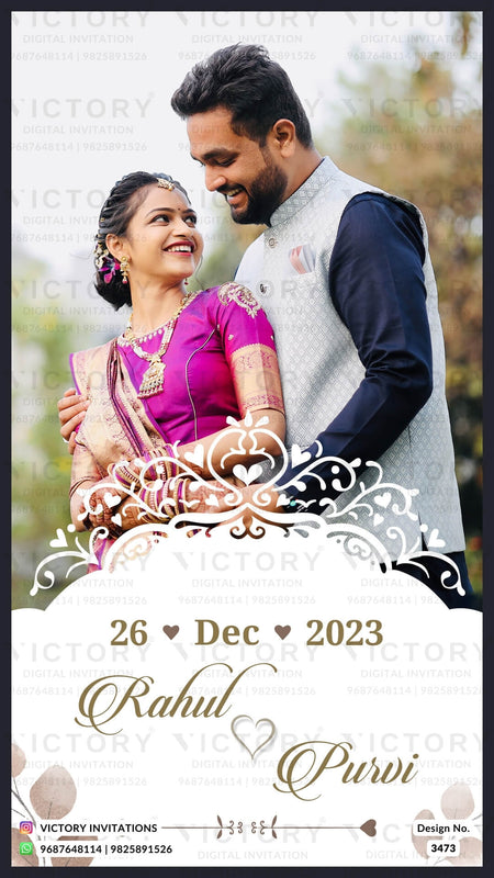 Wedding ceremony invitation card of hindu gujarati kathiyawadi family in English language with Arch and leaves theme design 3473