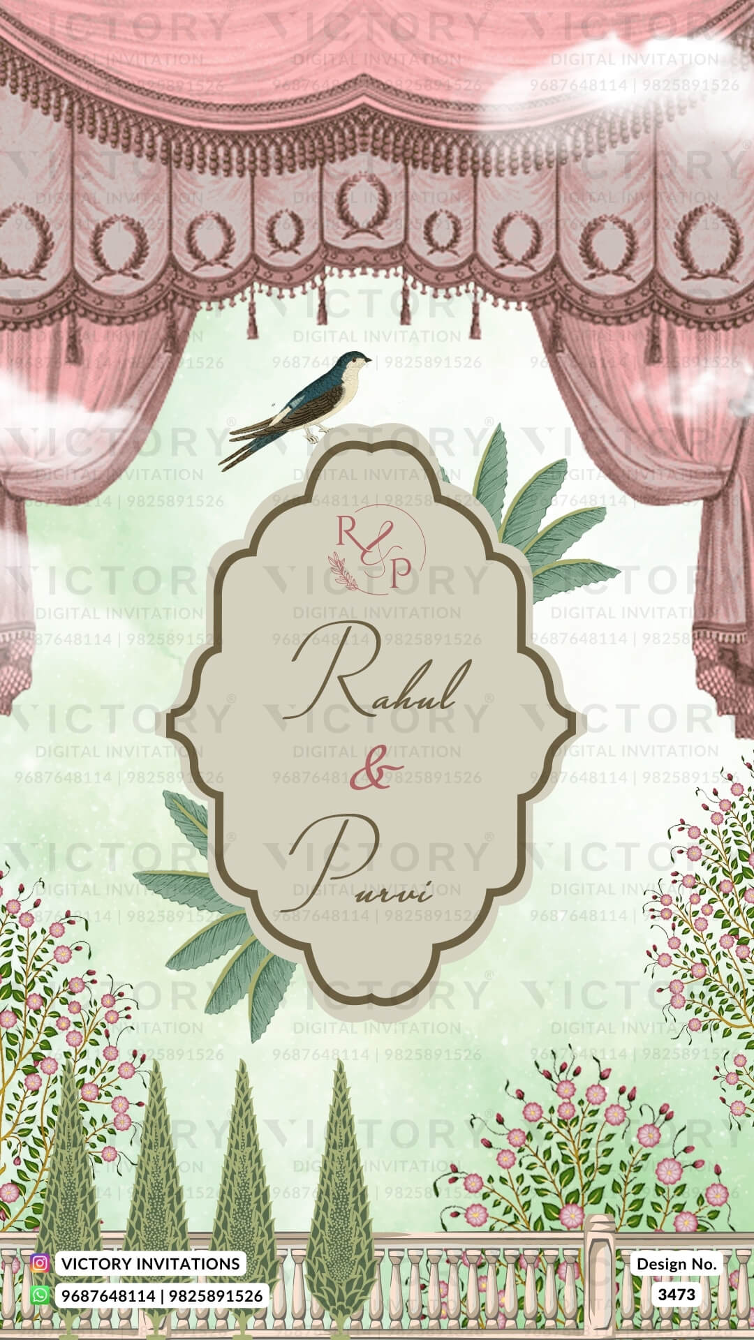 Wedding ceremony invitation card of hindu gujarati kathiyawadi family in English language with Arch and leaves theme design 3473