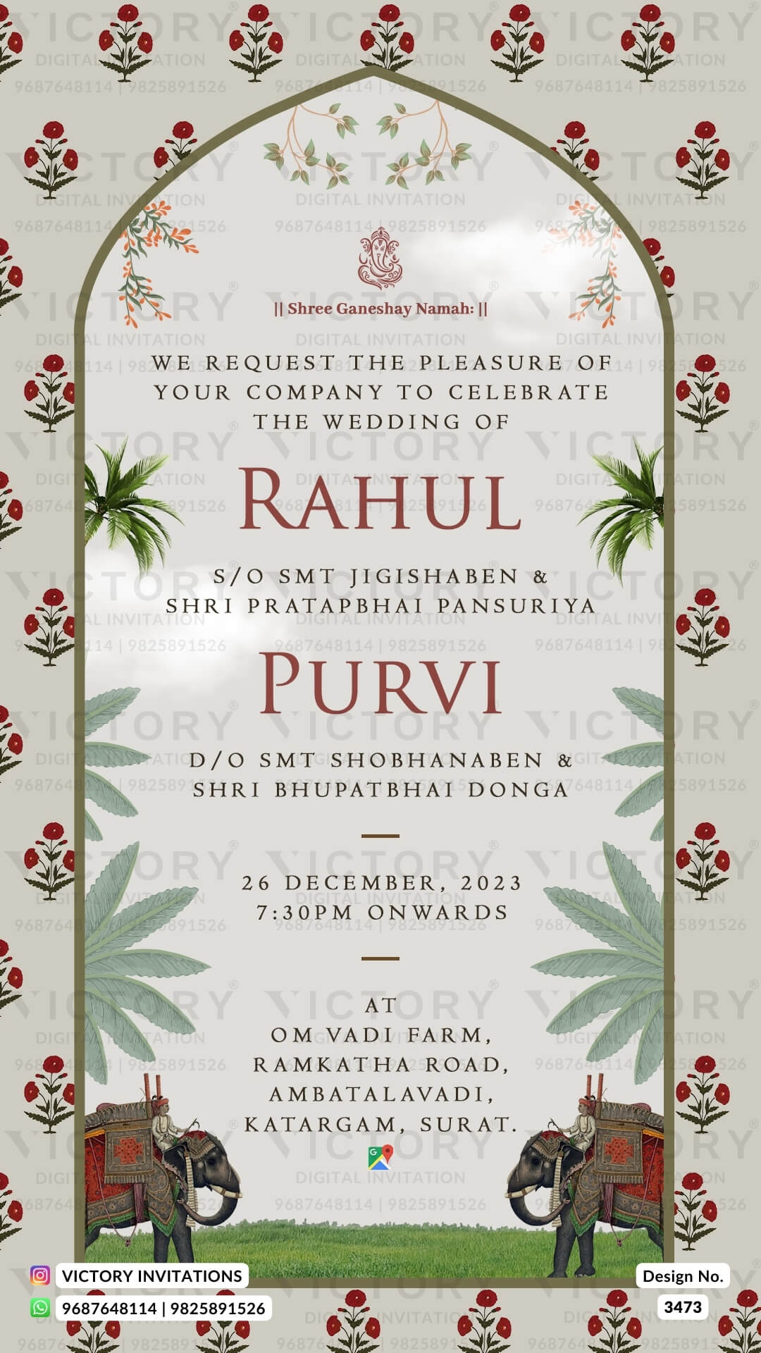 Wedding ceremony invitation card of hindu gujarati kathiyawadi family in English language with Arch and leaves theme design 3473