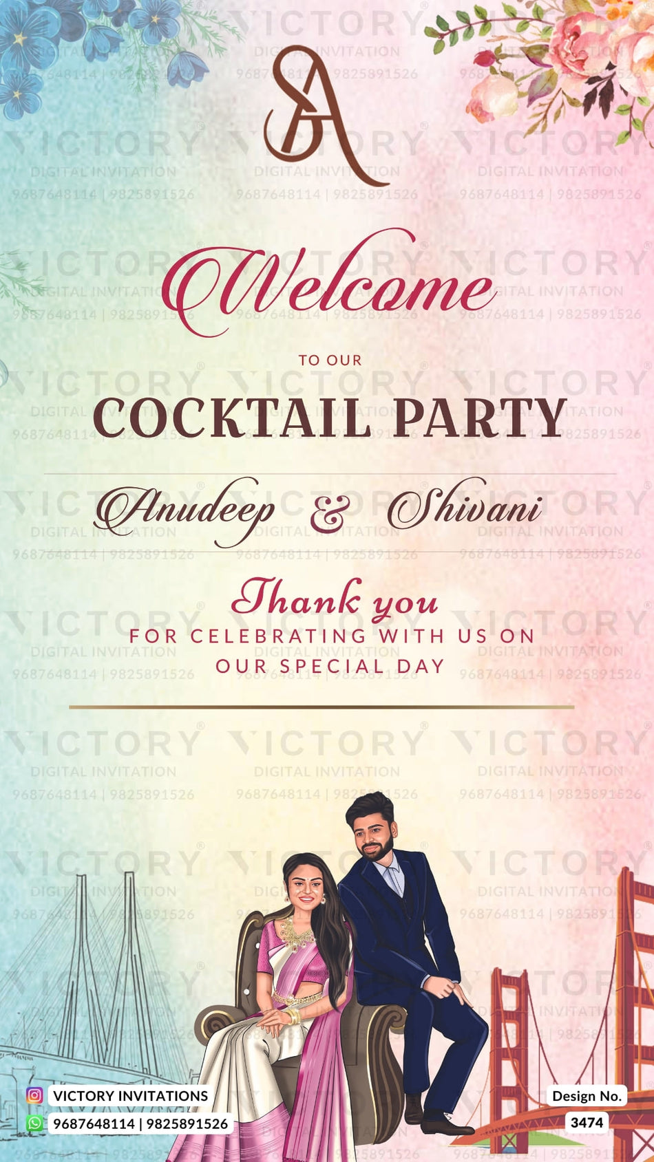 Royal couple caricature invitation card for Cocktail Party in English language with bridge, flowers as city view theme design 3474