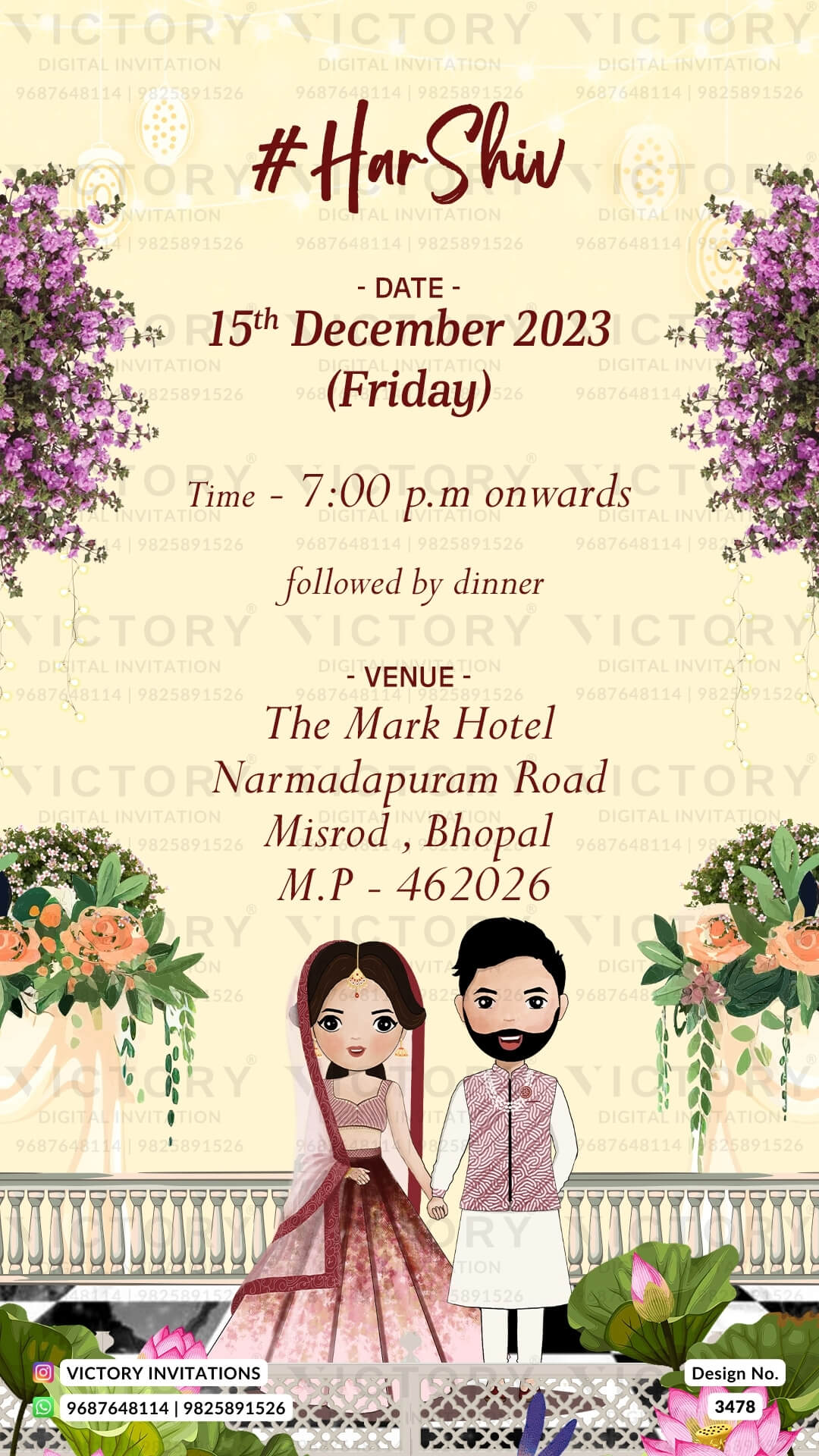 Wedding ceremony invitation card of hindu north indian family in English language with minimalistic theme design 3478