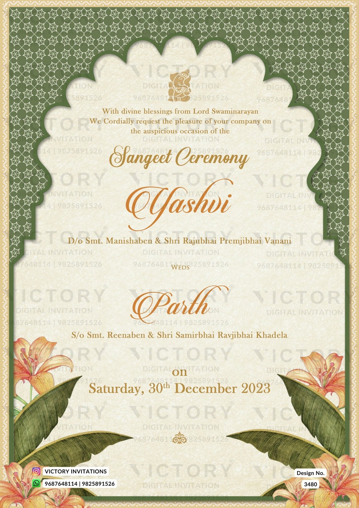Wedding ceremony invitation card of hindu gujarati kathiyawadi family in English language with Traditional Arch theme design 3480