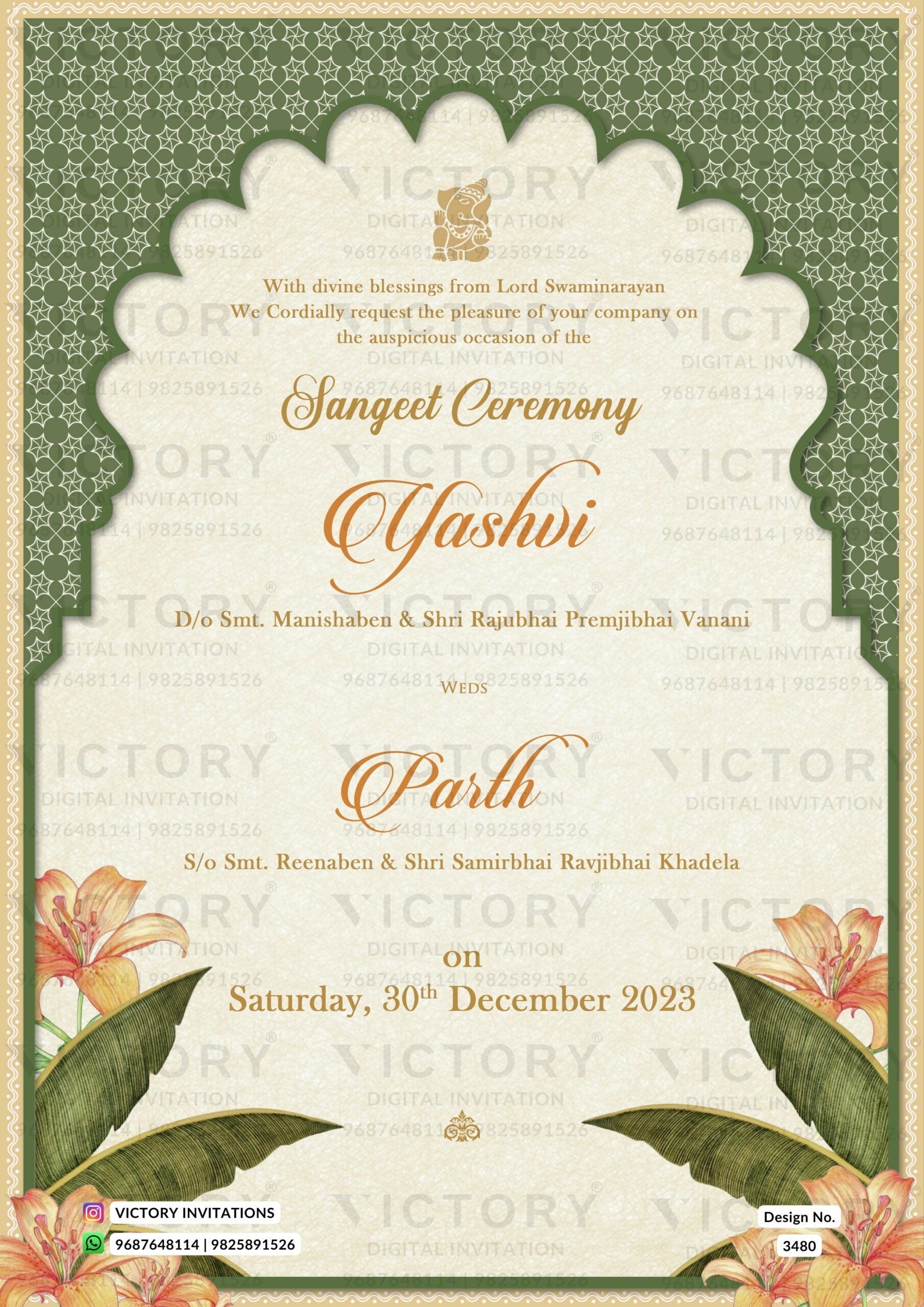 Wedding ceremony invitation card of hindu gujarati kathiyawadi family in English language with Traditional Arch theme design 3480